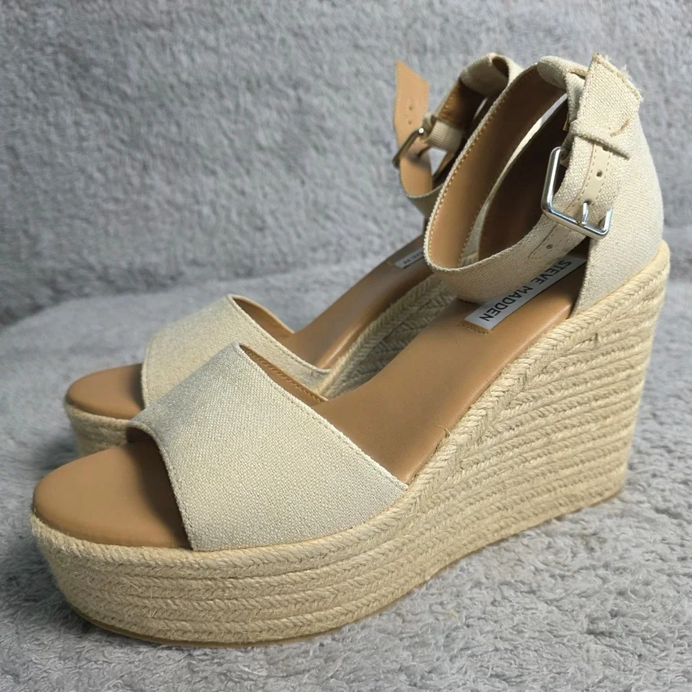 Steve Madden Platform Espadrille Wedge Sandals‎ Natural Linen Tan Women 10M NEW